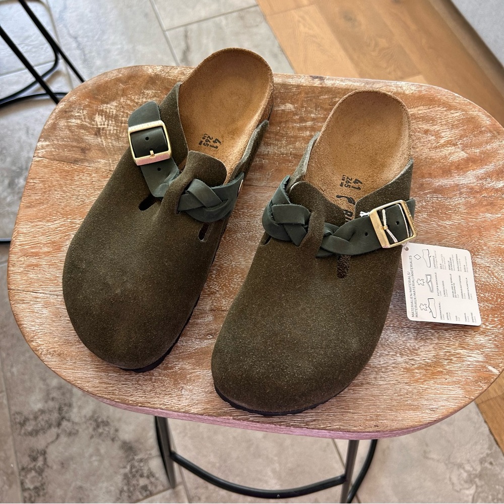 New Birkenstock Boston Braid Clogs Thyme Suede Free People - Picture 4 of 7